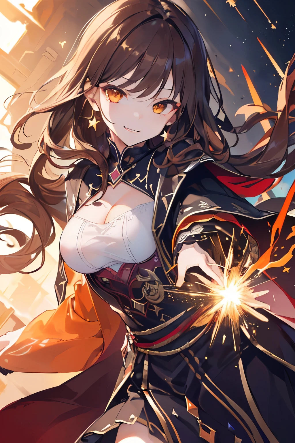 (((1girl))), ((best quality)), ((masterpiece)), ((ultra-detailed)), (illustration), (detailed light), (an extremely delicate and beautiful), (beautiful detailed eyes), (sunlight), ((extremely light)), ((extremely clothes)), (((hyper detail))),(((((front lighting))))),(((((front light))))),
((((quite adorable and erotic Warlock's robe)))), (((Warlock))),
,
wavy long hair, ((((dark brown hair)))), (((long hair))),
(((dark orange eyes))),
(((whole body))),d 8 to (((())))),
((condescending expression)), ((mischievous smile with sexual satisfaction)), (((extra adorable))), (((extra slender shape))),
(((extremely beautiful detailed face))),
(((attacking enemies by using a spell of star-burst))),
(((((Dutch angle))))),