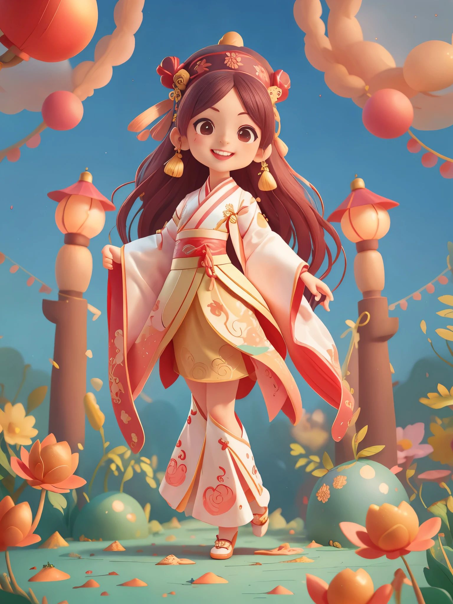Lovely((preschool))girl, wear((Hanfu long skirt)),stand,bowing,Portable red lantern,Fireworks bloom in the sky,Smile,Happy, digital illustration, Illustration poster, (auspicious, Red),(traditional, culture),(Delightful, festive), (masterpiece: 1.2) (actual: 1.2) (Bokeh) (best quality) (delicate skin: 1.3) (intricate details) (8k) (exquisite eyes) (sharp focus), (((Reduce skin exposure))),Correct movements,