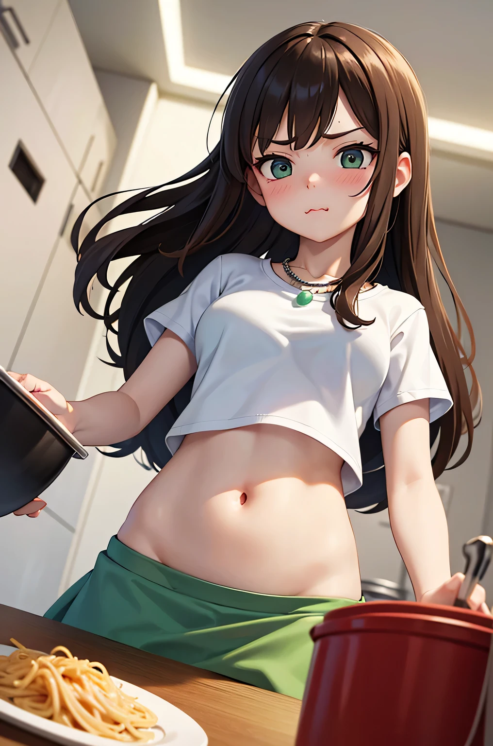 super fine illustration, vibrant colors, masterpiece, sharp focus, best quality, depth of field, cinematic lighting, ultra detailed, short sleeves, white t shirt, MILF, 1 adult woman, solo, midriff, tummy, belly button, large navel, kitchen, close up, looking down, medium breasts, curly hair, long hair, green skirt, pearl necklace, makeup, dark brown hair, blushing, afraid, angry, pout, low angle, innie, from below, cooking, pasta on table
