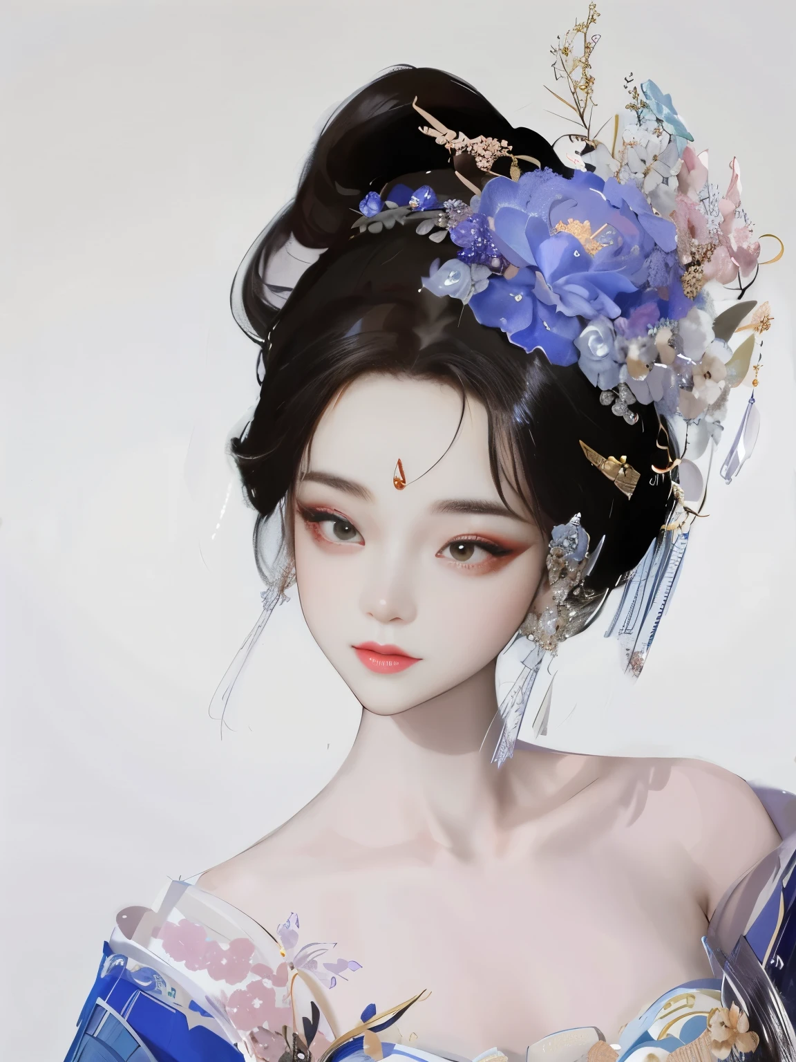 Close-up of a woman wearing a blue dress and floral headdress, beautiful fantasy queen, ((beautiful fantasy queen)), palace ， A girl wearing Hanfu, guweiz, Gurwitz Masterpiece, Inspired by Lan Ying, chinese princess, hanfu, Queen of China, Inspired by Huang Ji, inspired by trees, Chinese style