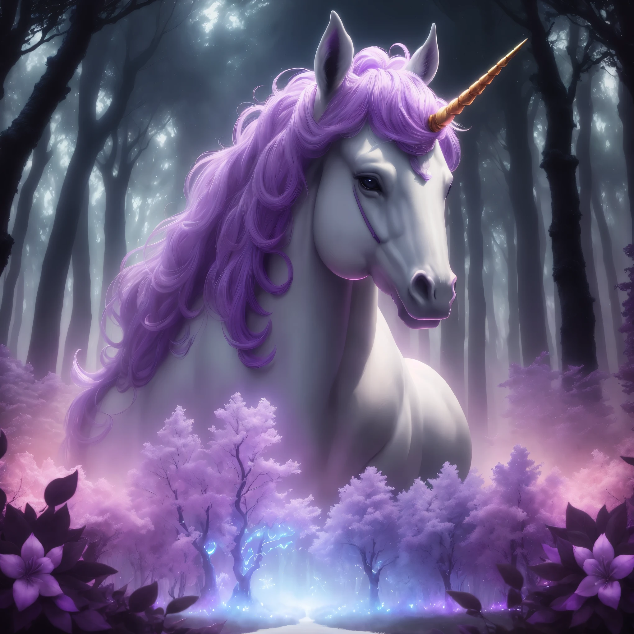 A magical unicorn in a dreamy purple forest,fluffy clouds, ethereal, vivid colors,ultra-detailed,highres,masterpiece:1.2, HDR,studio lighting,sharp focus,physically-based rendering,extreme detail description,professional,vivid colors,bokeh,portraits,landscape, fantasy,soft color tones,soft lighting.