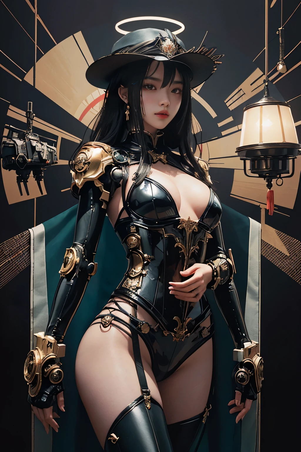 Masterpiece: A captivating 21-year-old Chinese woman is showcased in this super detailed, high resolution 8k wallpaper. Her stunning features are accentuated by the super intricate details, as she dons a revealing bikini suit. The military-inspired, handsome clothing contrasts beautifully with her delicate frame. Robot joints peek out from under the fabric, hinting at her mysterious correlation with mecha technology. A hat adorns her head, concealing her identity, while a mecha nical halo glows above, enhancing her mystery. Her electric mecha nical bodysuit is adorned with mecha corsets and full armor, revealing