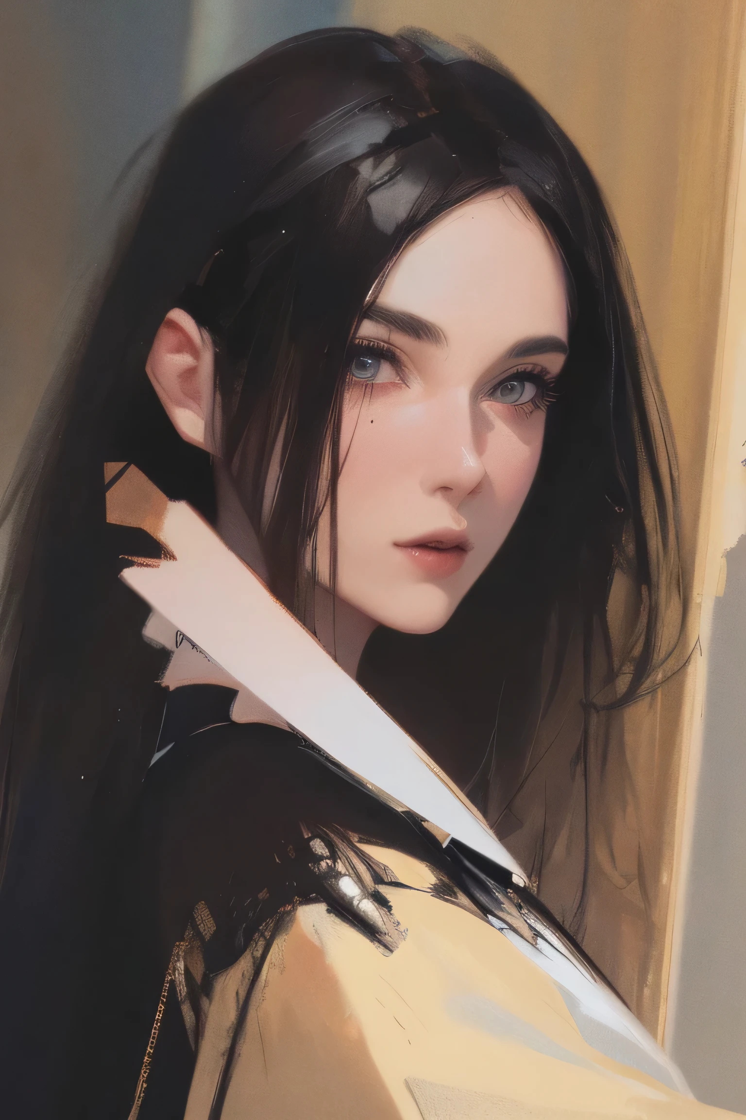 a woman with long black hair in a gold painting, in the style of charlie bowater, dark blue and dark black, michael garmash, comic art, realistic color palette, dark black and beige, soft-focused realism --ar 24:37 --stylize 750 --v 6,(best quality, 4k, 8k, highres, masterpiece:1.2), ultra-detailed),sketch,96y