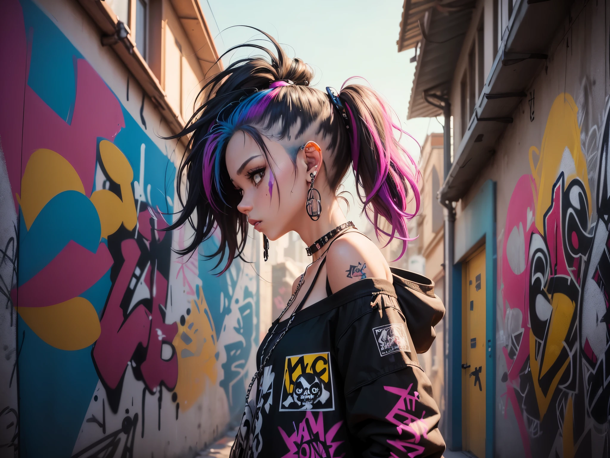(Masterpiece, illustration, high quality), (Ultra detailed background and character), (Graffiti style), (monochrome), (Multicolor drawing), (Multicolor hair), (from the side, Side view), ((portrait) ), 1girl, full-length, very short + straight hair, Multiple earrings, Skull earrings, (choker, chain choker), wind, (Graffiti large letters, graffiti English letters), (Graffiti revolving around the character), ( Graffiti on the character), (spray splatter), (neon), neon sign, UHD, HDR, 8k, (Masterpiece), (Best quality),