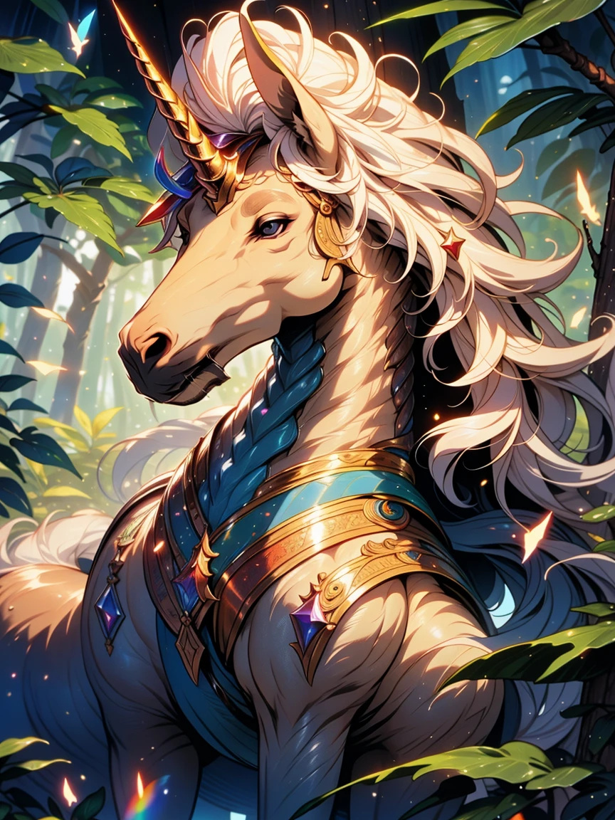 masterpiece, 1 unicorn, best quality, high quality, highres, forest, rainbow, Niji Pride
