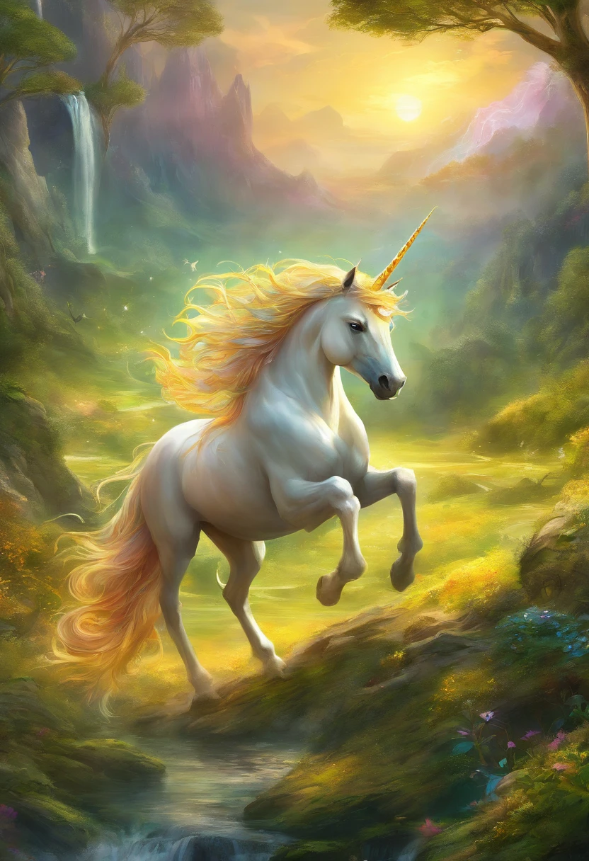 best quality,ultra-detailed,4k,extremely detailed illustration,(Mythical world),(delicate and precise),(intricate details),(unicorn:1.3),((pink purple light blue mane:1.3)), big shining horn, night