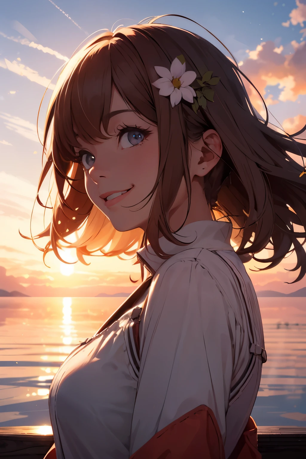 masterpiece, best quality, movie still, 1girl, cloud girl, floating in the sky, close-up, bright, happy, warm soft lighting, sunset, (sparks:0.7)