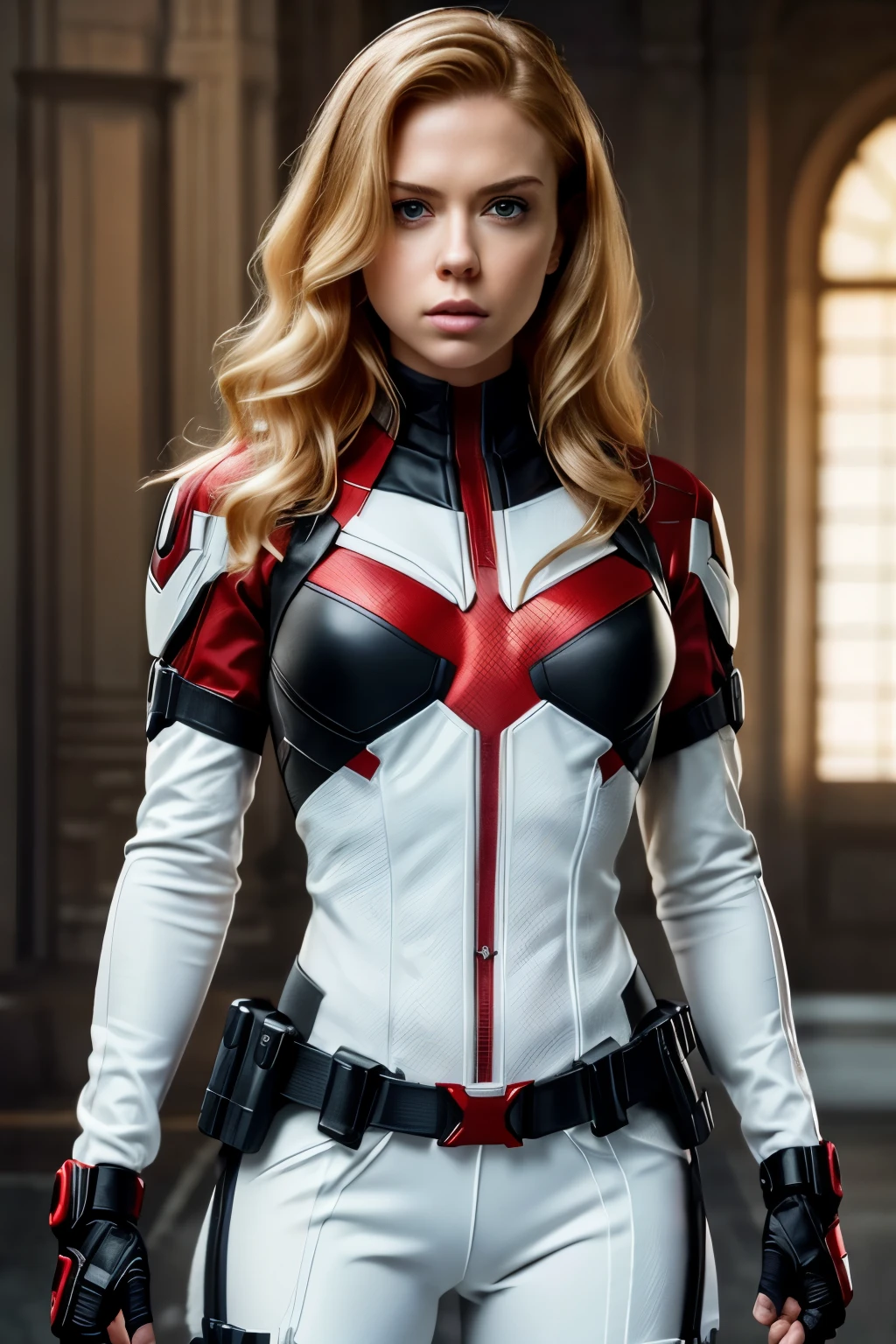 woman daredevil from TV show (black widow), fine detail, blonde hair, 21 year old American female, 8k, photo realistic,  perfect detailed anatomy, perfect detailed face, perfect details, eyes, octane rendering, 8k, masterpiece, maximum quality, (full body standing), facing camera, (Natasha Romanoff), wearing all ((white)) daredevil outfit, 