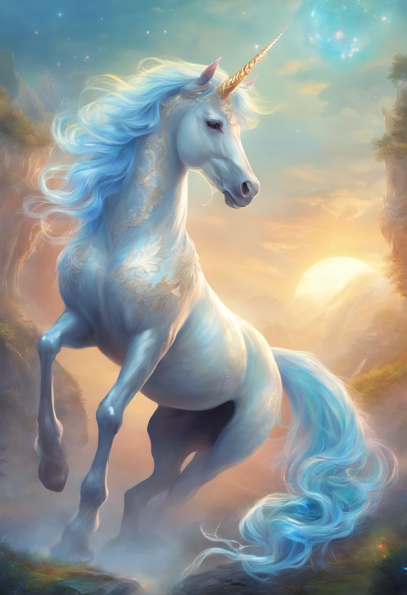 best quality,ultra-detailed,4k,extremely detailed illustration,(Mythical world),(delicate and precise),(intricate details),(unicorn:1.3),((pink purple light blue mane:1.3)), big shining horn, night