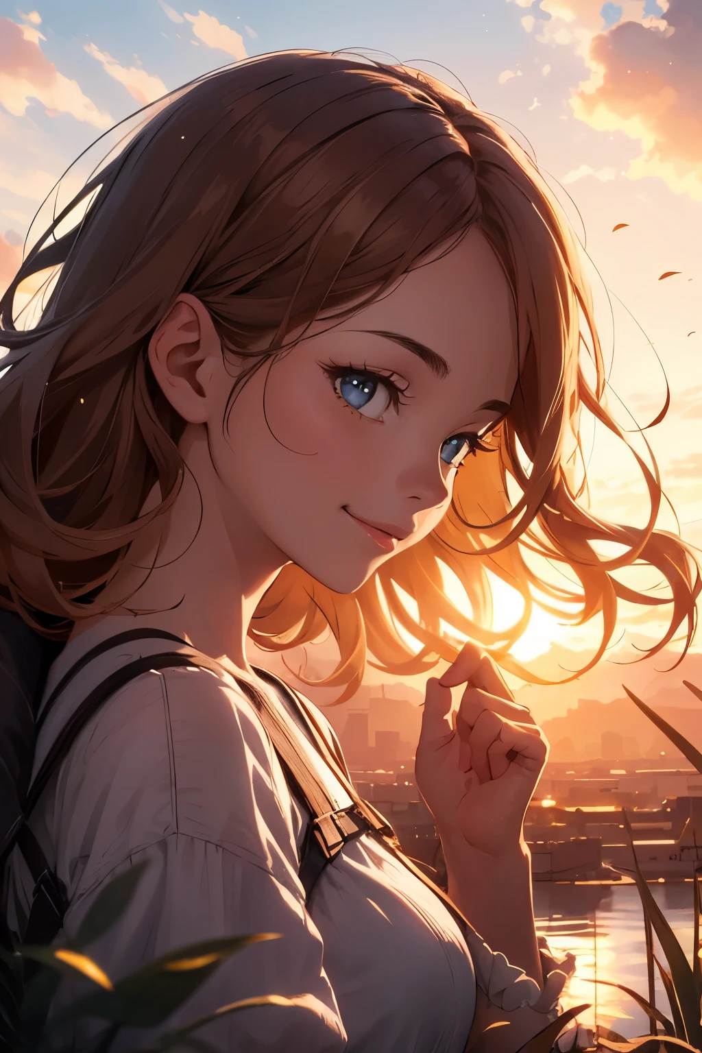 masterpiece, best quality, movie still, 1girl, cloud girl, floating in the sky, close-up, bright, happy, warm soft lighting, sunset, (sparks:0.7)