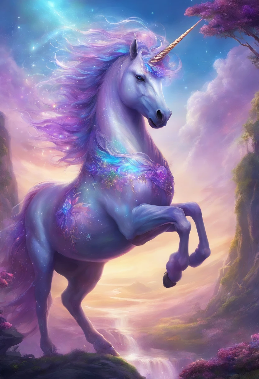 best quality,ultra-detailed,4k,extremely detailed illustration,(Mythical world),(delicate and precise),(intricate details),(unicorn:1.3),((purple light blue mane:1.3)), rainbow color, big shining horn, (blessing music)