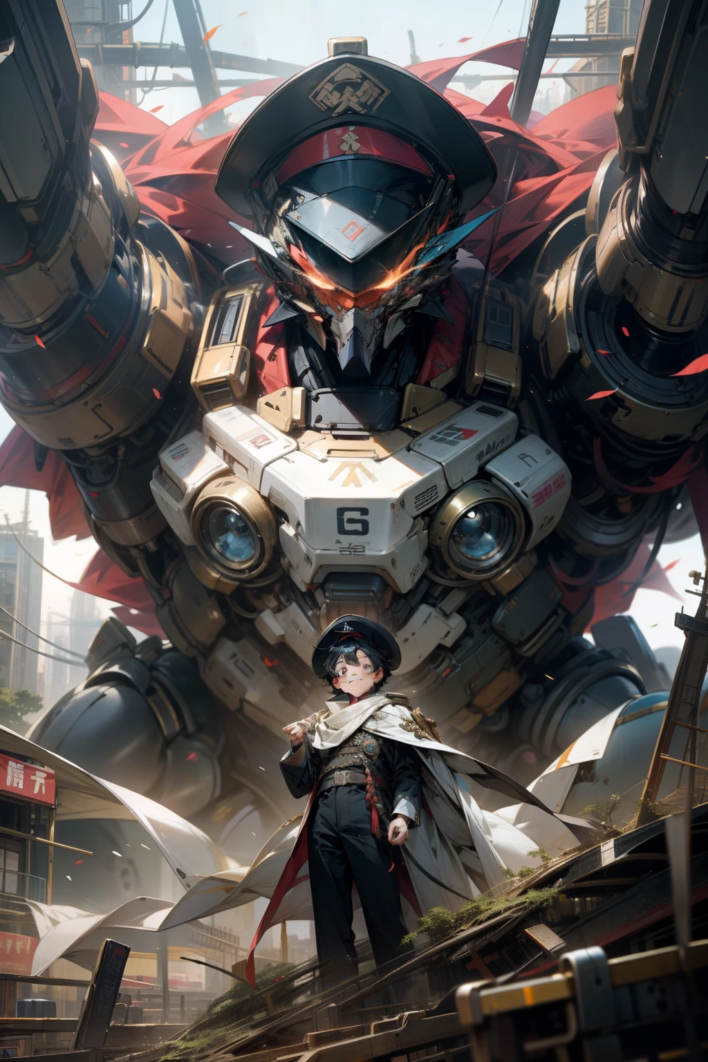 In the heart of a bustling city, a masterpiece unfolds before our eyes. Amidst the hustle and bustle, a -year Chin boy with an insatiable curiosity and wide, glowing eyes, stands before a colossal mecha. Dressed in a soldier's handsome costume, complete with a military cap, he gazes up at the towering mechanical marvel with a mix of awe and excitement.
Suddenly, the mecha springs to life, stirring up random expressions and movements from the young boy. Its eyes, bright and vibrant, mirror his own, and the boy can't help but giggle in delight. The surreal scene is