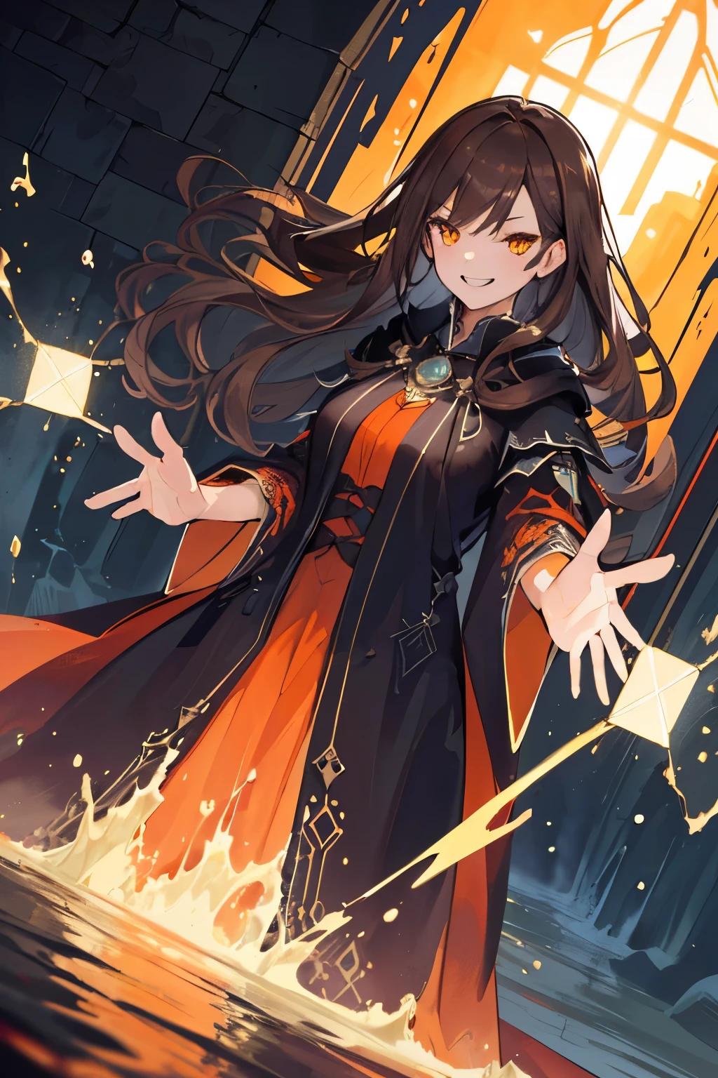 (((1girl))), ((best quality)), ((masterpiece)), ((ultra-detailed)), (illustration), (detailed light), (an extremely delicate and beautiful), (beautiful detailed eyes), (sunlight), ((extremely light)), ((extremely clothes)), (((hyper detail))),(((((front lighting))))),(((((front light))))),
((((quite adorable and erotic Warlock's robe)))), (((Warlock))),
,
wavy long hair, ((((dark brown hair)))), (((long hair))),
(((dark orange eyes))),
(((whole body))), 8 to 1((())))),
((condescending expression)), ((mischievous smile with sexual satisfaction)), (((extra adorable))), (((extra slender shape))),
(((extremely beautiful detailed face))),
(((attacking enemies by using a spell of light flood destruction))),
(((((Dutch angle))))),