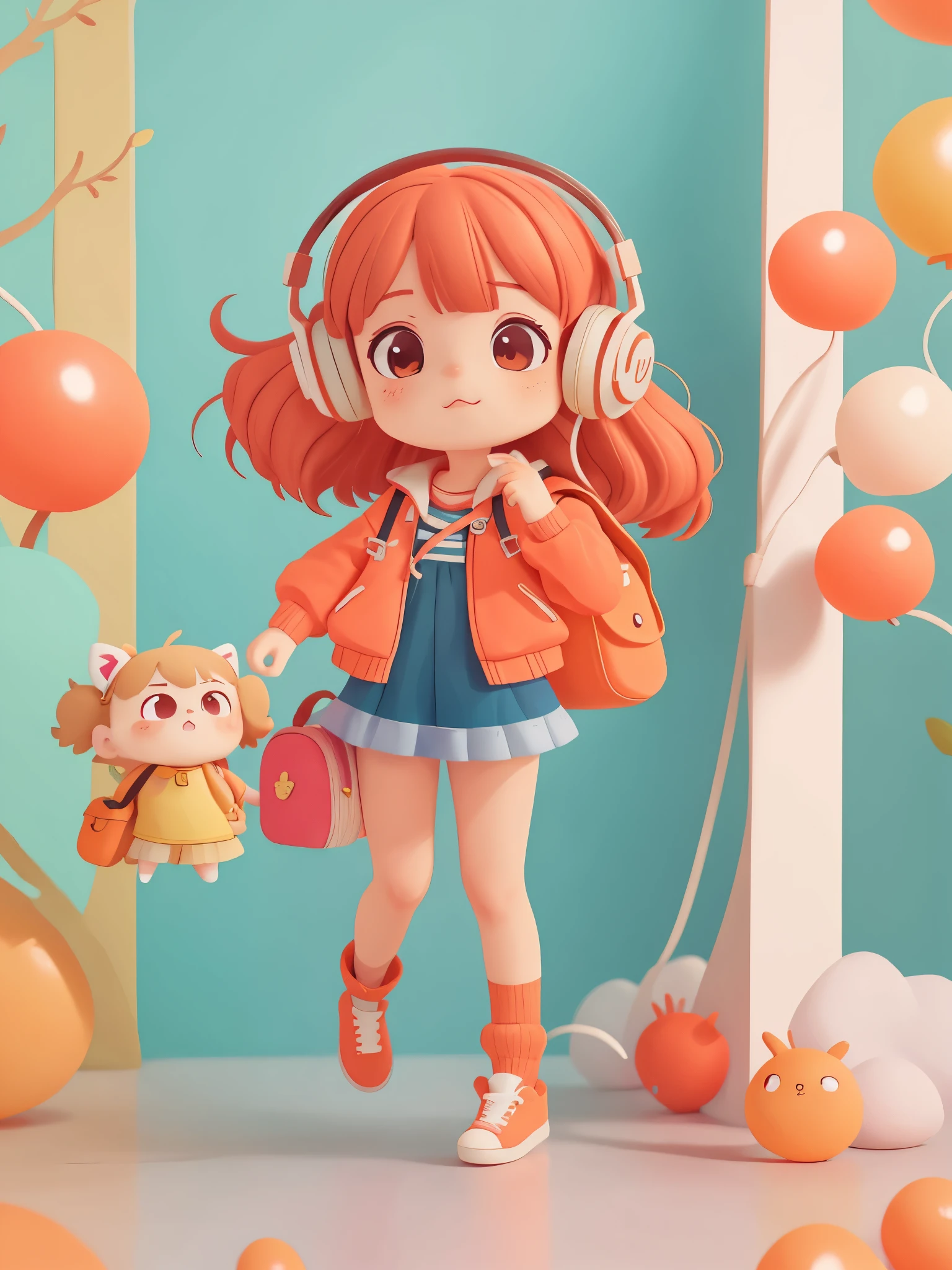 Anime girl wearing black headphones and orange backpack, Bring a mobile phone, stylized anime, rendering de uma menina anime 3d bonito, cute anime, 3D style anime, anime style4K, anime style. 8k, Charming art style, cute characters, Orange long hair anime, Beautifully detailed digital art, anime art style, anime art style de alta qualidade
