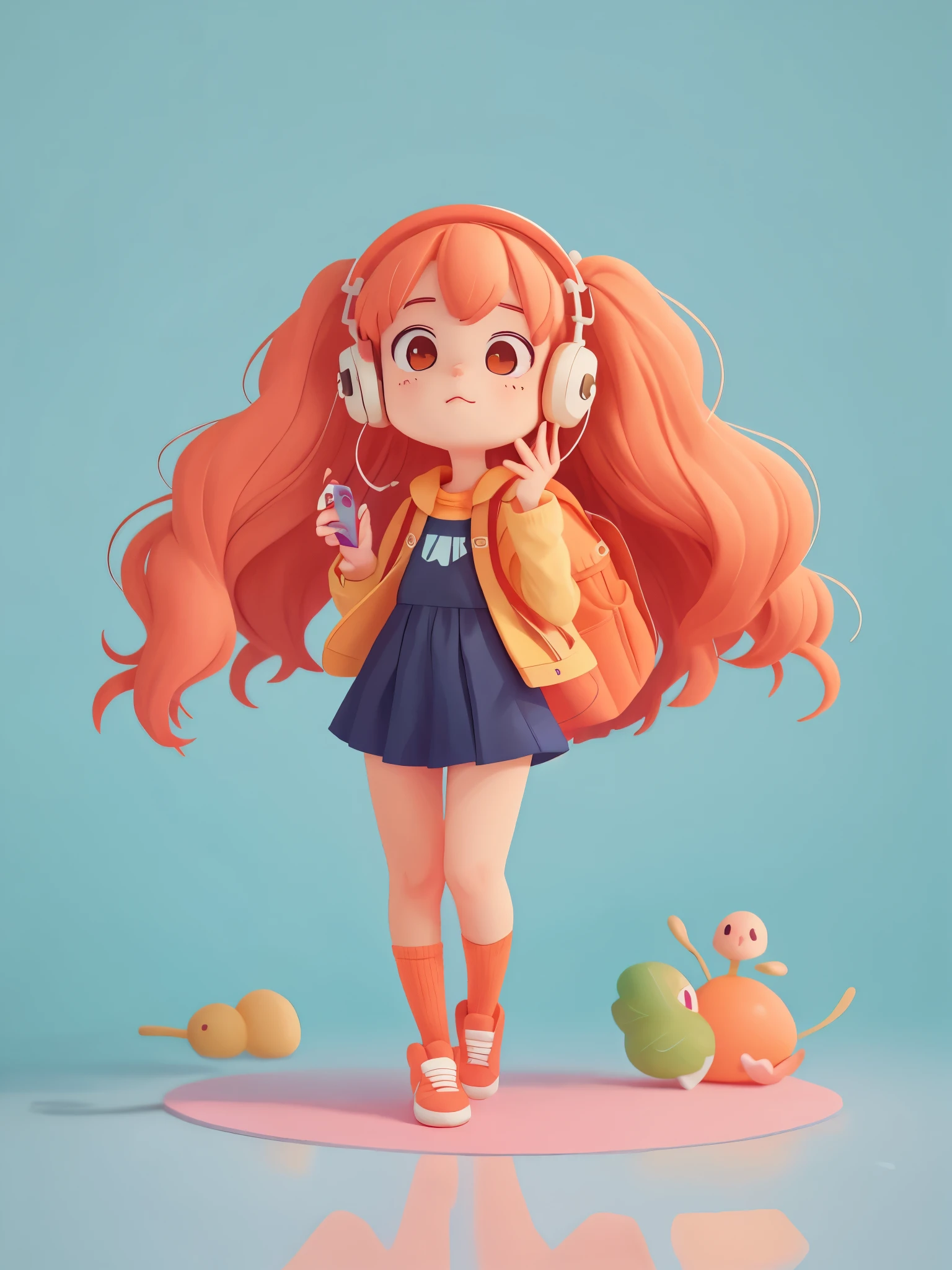 Anime girl wearing black headphones and orange backpack, Bring a mobile phone, stylized anime, rendering de uma menina anime 3d bonito,  cute anime, 3D style anime, anime style4K, anime style. 8k, Charming art style, cute characters,  Orange long hair anime, Beautifully detailed digital art, anime art style, anime art style de alta qualidade