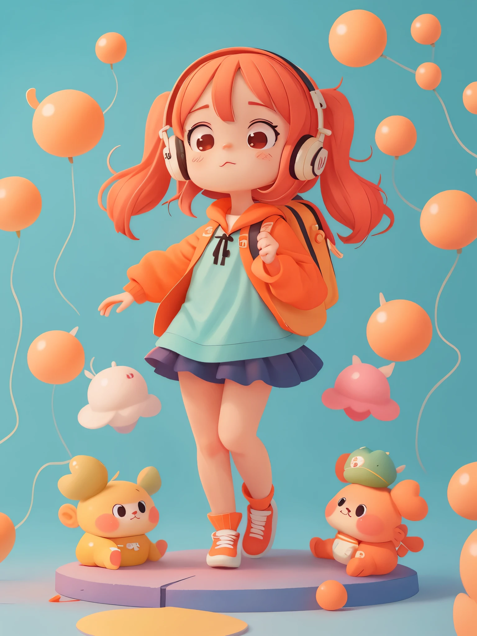 Anime girl wearing black headphones and orange backpack, Bring a mobile phone, stylized anime, rendering de uma anime 3d bonito, cute anime, 3D style anime, anime style4K, anime style. 8k, Charming art style, cute characters, Orange long hair anime, Beautifully detailed digital art, anime art style, anime art style de alta qualidade