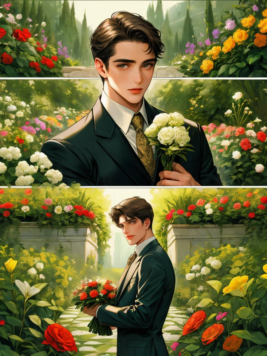 masterpiece, collage of man holding flowers, garden