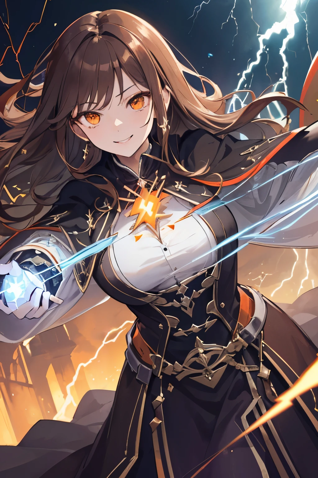 (((1girl))), ((best quality)), ((masterpiece)), ((ultra-detailed)), (illustration), (detailed light), (an extremely delicate and beautiful), (beautiful detailed eyes), (sunlight), ((extremely light)), ((extremely clothes)), (((hyper detail))),(((((front lighting))))),(((((front light))))),
((((quite adorable and erotic Warlock's robe)))), (((Warlock))),
,
wavy long hair, ((((dark brown hair)))), (((long hair))),
(((dark orange eyes))),
(((whole body))), aged 8 to 12, ((((())))),
((condescending expression)), ((mischievous smile with sexual satisfaction)), (((extra adorable))), (((extra slender shape))),
(((extremely beautiful detailed face))),
(((attacking enemies by using a spell of lightning destruction))),
(((((Dutch angle))))),