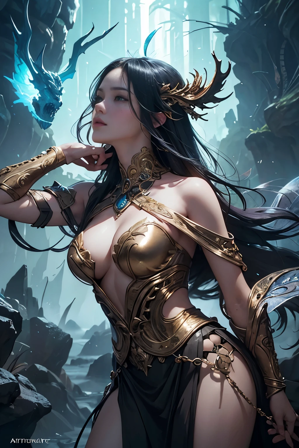 An encounter between a very beautiful woman and a mythical beast, Michael Letter, Christoph Huge 、super detailed paintings, luminism, art by Carne Griffiths and what a bone concept art, 4K resolution, fractal isometricdetailbioluminescence , 3D rendering, octane rendering, intricately detailed , cinematic, trending on artstation Isometric Centered hyperrealistic cover photo awesome full color, hand drawn , gritty, realistic mucha , Defining a hit , cinematic,fantastic background, abstract beauty,stand, approaching perfection, pure form, golden ratio, minimalistic, unfinished, concept art, Written by Brian Froud、Khan Griffith、what a bone、john william waterhouse, intricate details, 8K post production, High resolution, hyper detail, Trending with ArtStation, studio photography, intricate details, very detailed, Written by Greg Rutkowski, highest quality, perfect angle, perfect composition, best shot, official art, cinematic light, very beautiful and fantastic scenery, chivalry dream, women only