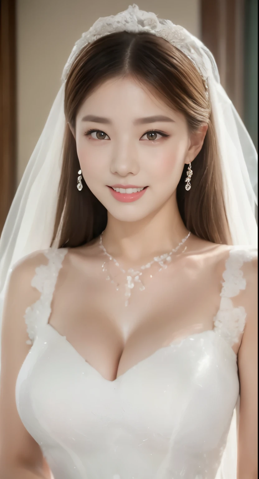 ((best image quality, 8K, master piece:1.3)), 1 girl, perfect body，big breasts:1.2、straight long hair、Beautiful woman:1.3, ( huge tit:1.2), Bando，shift dress:1.1, Extra-fine face, detailed eyes, double eyelid，smile，((white wedding dress))，Bedroom