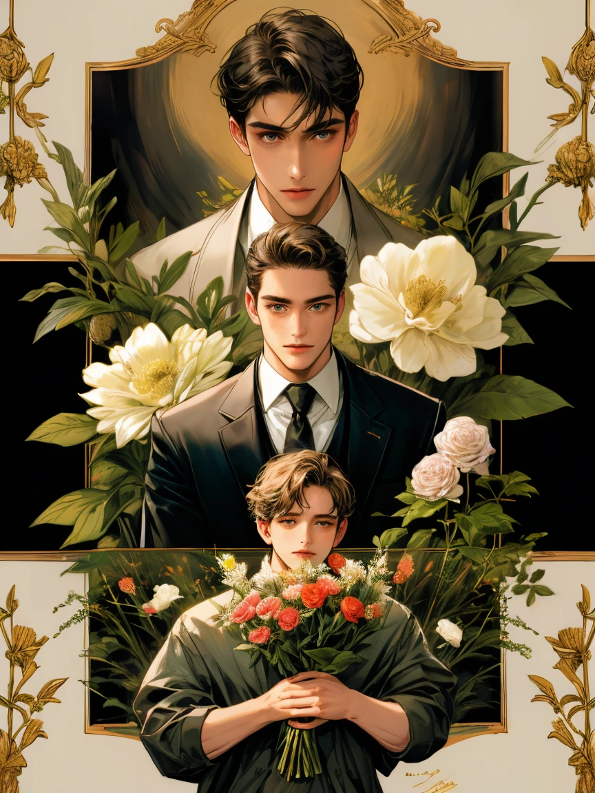 masterpiece, collage of man holding flowers, 