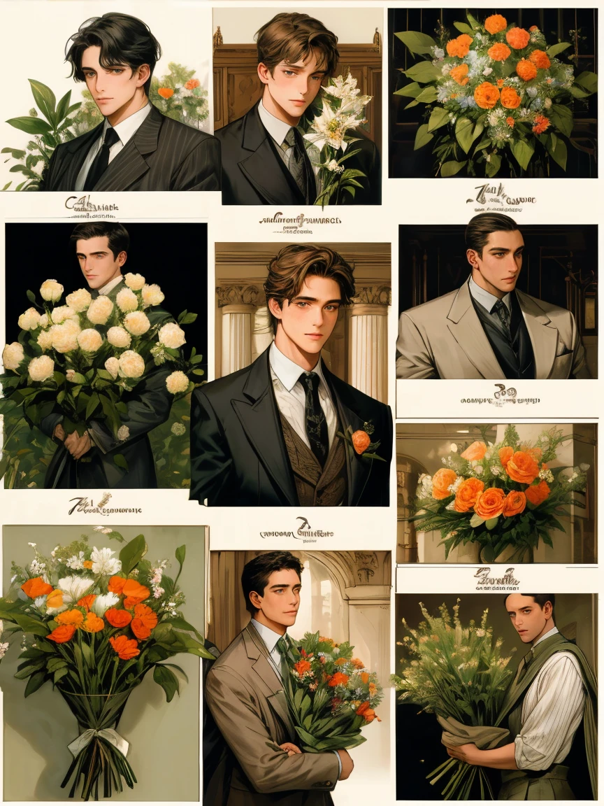 masterpiece, collage of man holding flowers, 