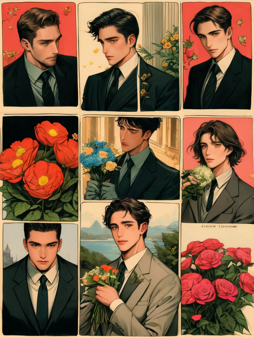 masterpiece, collage of man holding flowers,