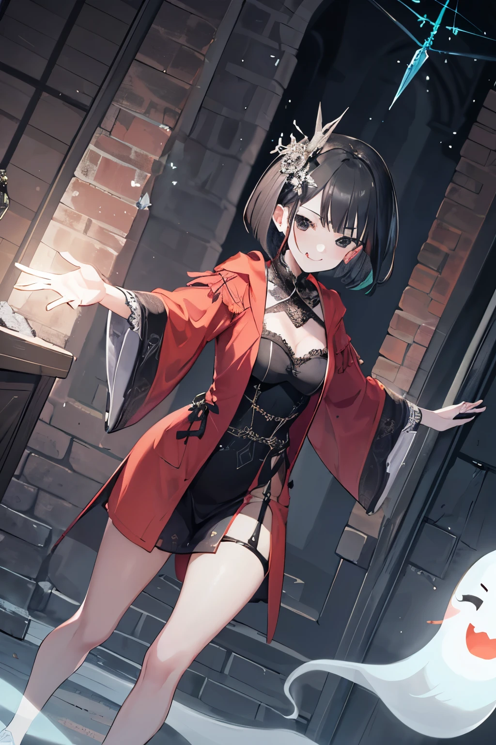 (((1girl))), ((best quality)), ((masterpiece)), ((ultra-detailed)), (illustration), (detailed light), (an extremely delicate and beautiful), (beautiful detailed eyes), (sunlight), ((extremely light)),  ((extremely clothes)), (((hyper detail))),(((((front lighting))))),(((((front light))))),

((((quite adorable and erotic Necromancer's robe)))), (((Necromancer))),
, 

short bob, ((((black hair)))), (((short hair))), 
(((crystal black eyes))), 

(((whole body))), aged 8 to 12, ((((())))),
((condescending expression)), ((mischievous smile with sexual satisfaction)),  (((extra adorable))), (((extra slender shape))), 
(((extremely beautiful detailed face))),
(((attacking enemies by using many of fancy ghosts))), 
(((((Dutch angle))))),