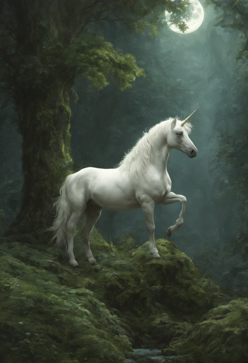 Majestic (Fantasy Unicorn:1.5) peeking out from a lush forest, by James Jean, Jean Baptiste Monge, Jeremy Mann, midnight, full moon, fairycore, photorealistic, intricately detailed, professional photography, a masterpiece, 8k resolution, fantasy concept art, trending on Artstation, triadic colors, Unreal Engine 5, CGSociety, Octane Render