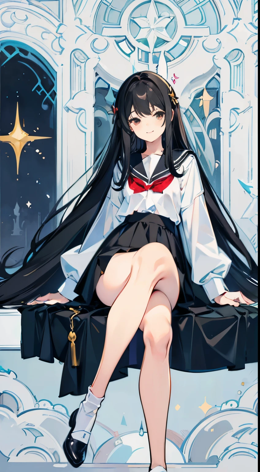 Black hair shines,sloping hair curtain,long legs,Leg depiction,Smile,side,in school department,