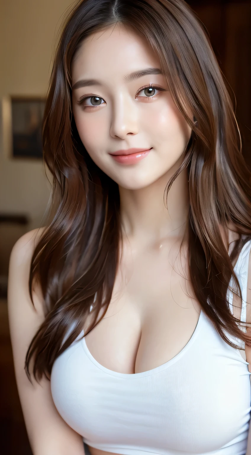((highest quality, 8K, masterpiece :1.3)), 1 girl, Beautiful woman with emphasis on plump abs: 1.3, whole body, (long hair, : 1.2), Oversized Tank Top: 1.2, ultra-delicate face, delicate eyes, double eyelid, smile, Home, random color clothes