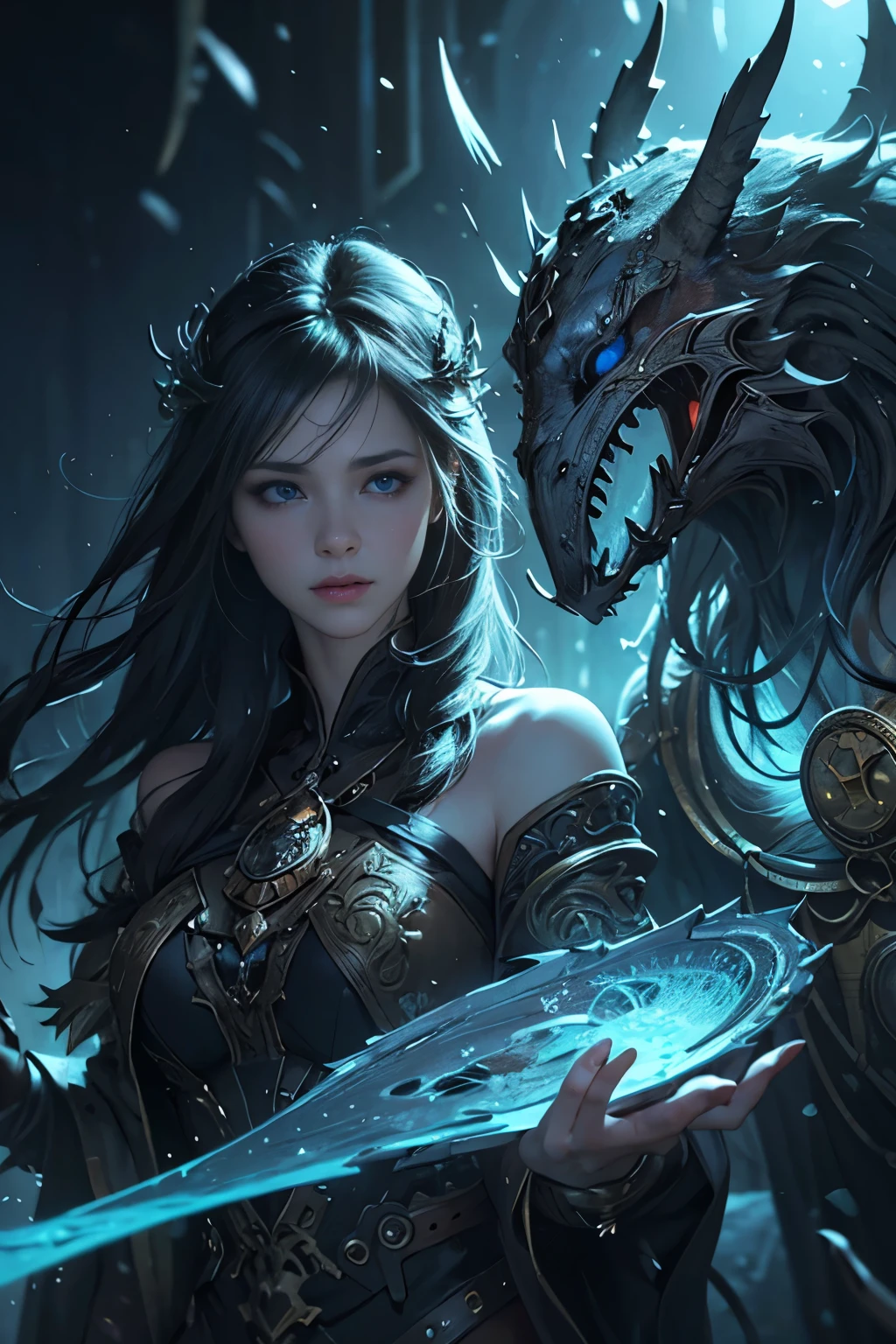 An encounter between a very beautiful woman and a mythical beast, Michael Letter, Christoph Huge 、super detailed paintings, luminism, art by Carne Griffiths and what a bone concept art, 4K resolution, fractal isometricdetailbioluminescence , 3D rendering, octane rendering, intricately detailed , cinematic, trending on artstation Isometric Centered hyperrealistic cover photo awesome full color, hand drawn , gritty, realistic mucha , Defining a hit , cinematic,fantastic background, abstract beauty,stand, approaching perfection, pure form, golden ratio, minimalistic, unfinished, concept art, Written by Brian Froud、Khan Griffith、what a bone、john william waterhouse, intricate details, 8K post production, High resolution, hyper detail, Trending with ArtStation, studio photography, intricate details, very detailed, Written by Greg Rutkowski, highest quality, perfect angle, perfect composition, best shot, official art, cinematic light, very beautiful and fantastic scenery, chivalry dream, women only, blue eyes without pupils, beautiful blue eyes, quite beautiful face, Rin々Looks, Valhalla, Ragnarok, Fenrir, unparalleled beauty