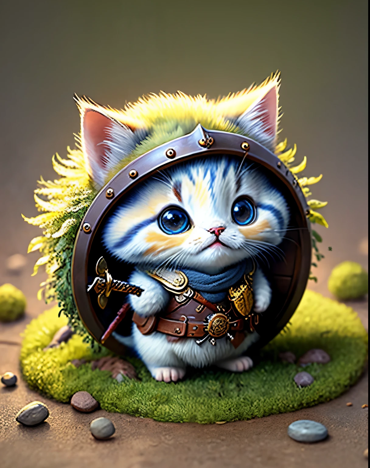 best image quality、"Create a masterpiece of cute creatures. (kitten), high detail, In 8K、best image quality、Dressed as an adventurer、Holding a sword and shield in your hand、