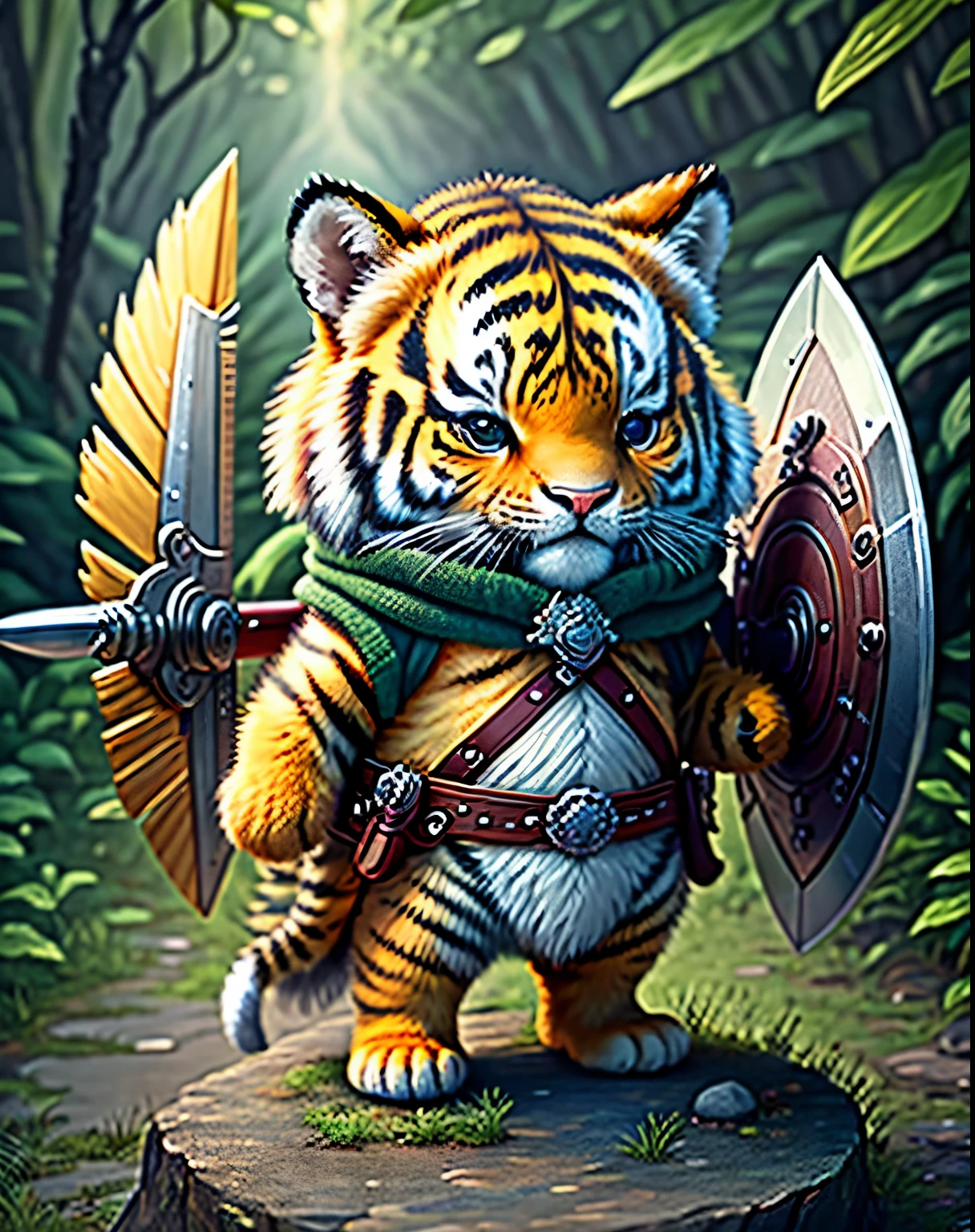 best image quality、"Create a masterpiece of cute creatures. (tiger), high detail, In 8K、best image quality、Dressed as an adventurer、Holding a sword and shield in your hand、