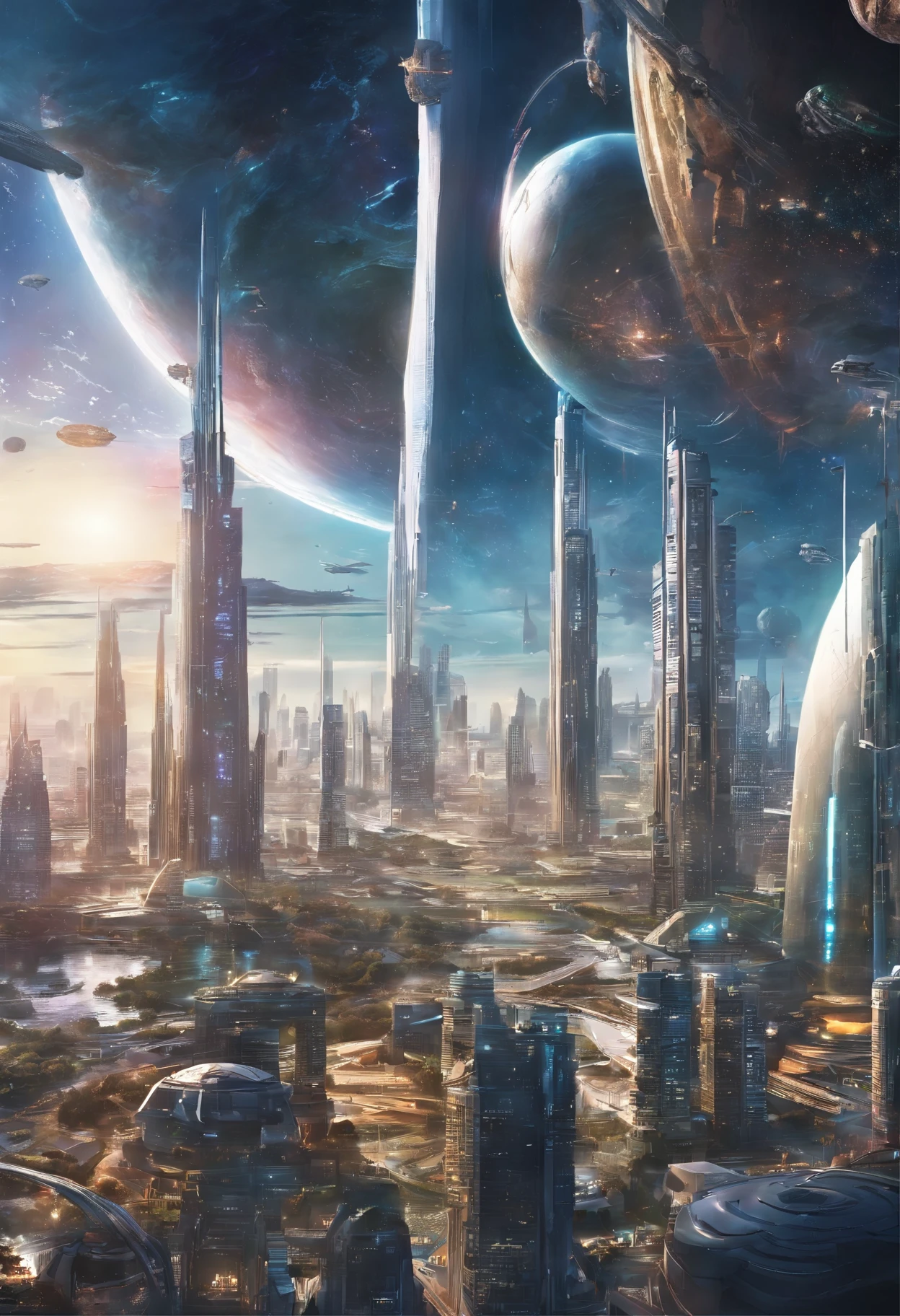 space city、future city、alien、Floating in space、cyberpunk、skyscrapers line up、space station、highest quality、masterpiece、24century、dream、utopia、Earth、dreamの世界、fantasy、𝓡𝓸𝓶𝓪𝓷𝓽𝓲𝓬、beautiful city