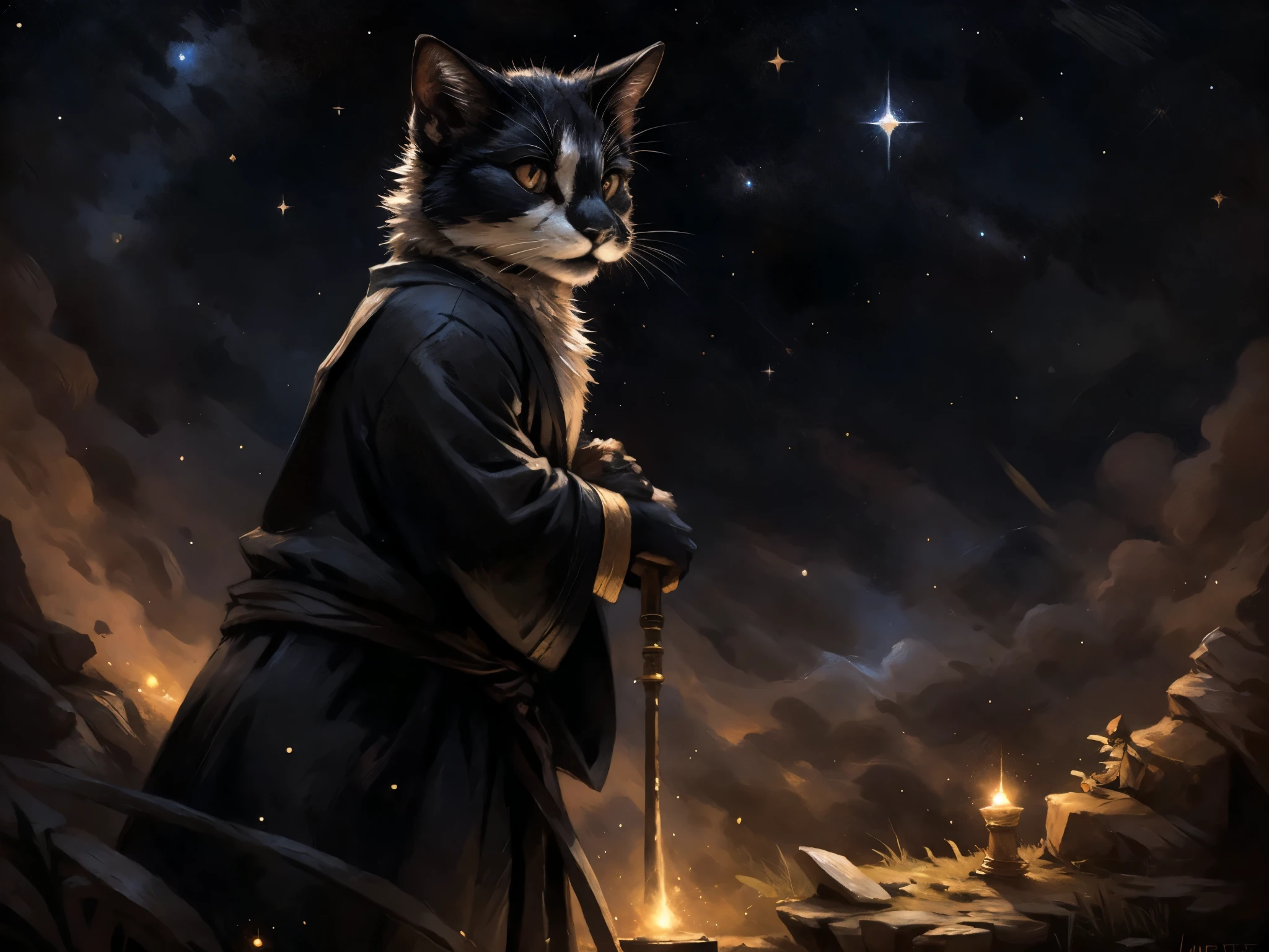 By kenket, Leo, a black and white bicolor cat, black lower lip, standing on hind legs, slightly chonky, wearing astronomers robe, in a magical stargazing tower, looking through an ancient magical telescope pointed at the starry sky, realistic, close up