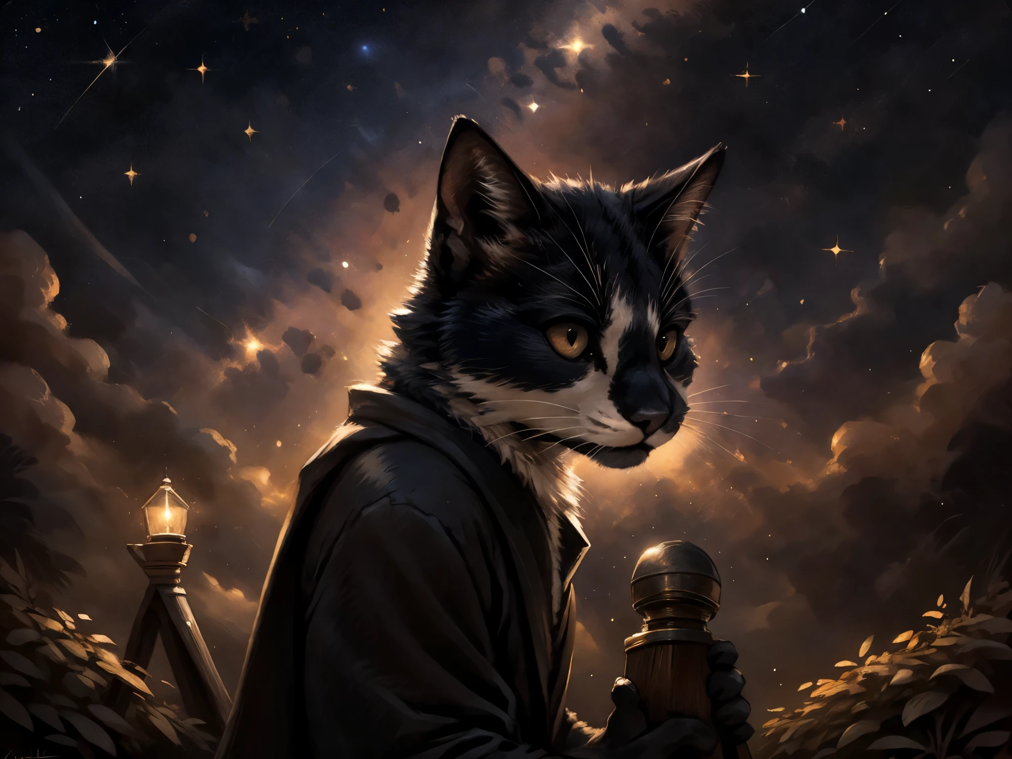 By kenket, Leo, a black and white bicolor cat, black lower lip, standing on hind legs, slightly chonky, wearing astronomers robe, in a magical stargazing tower, looking through an ancient magical telescope pointed at the starry sky, realistic, close up