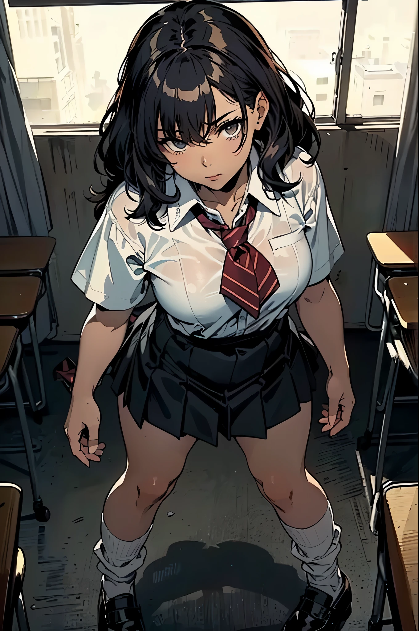 (masterpiece, highest quality), (high resolution, details),8k,
anime, line-art, flat shading,

Solo: 1.2, female,
(School dress: 1.5), (Baggy school dress shirt), Baggy socks,
(Unruly hair, voluminous hair),
(Beautiful thighs: 1.0),

standing,posing,
