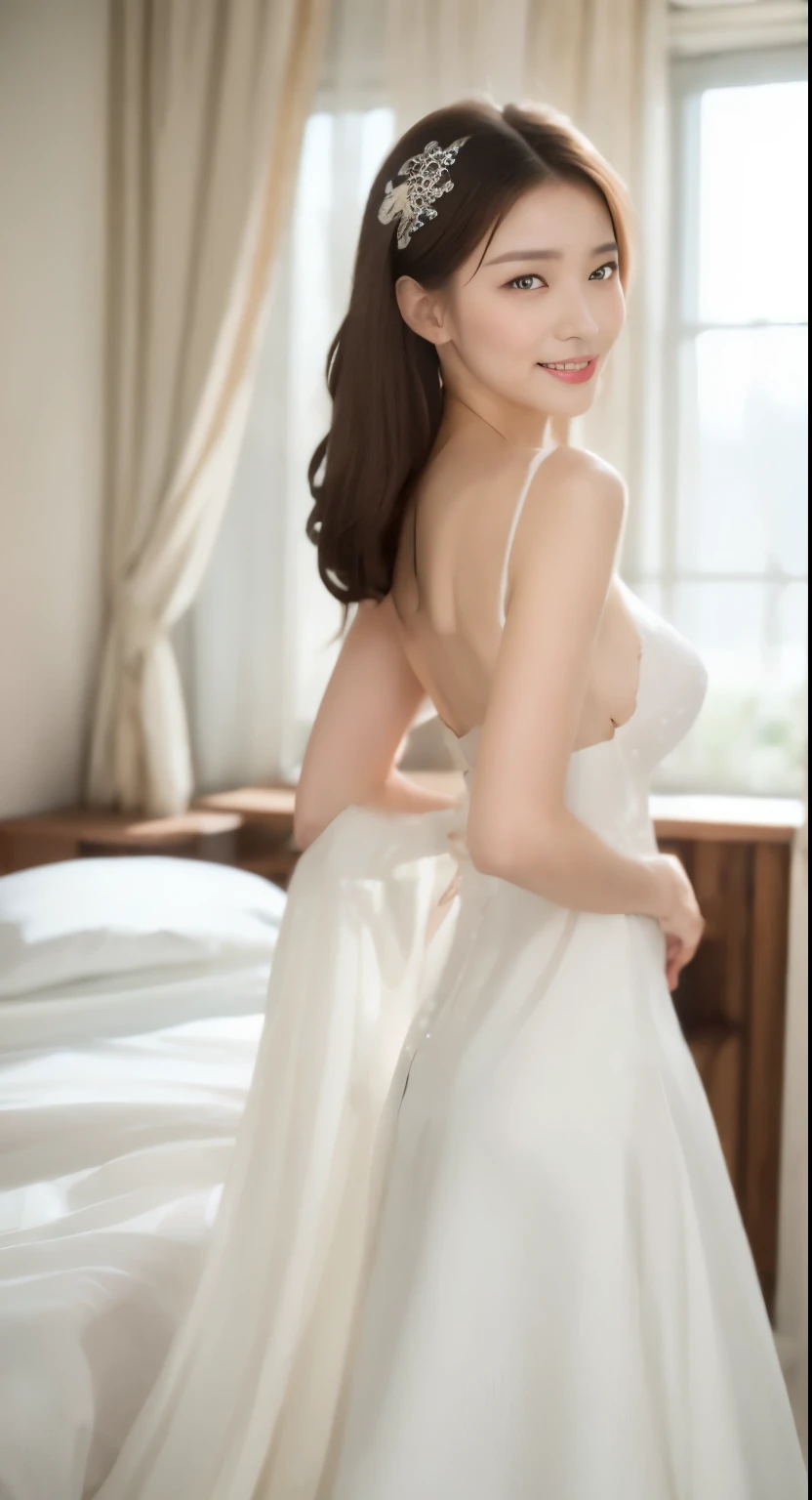 ((best image quality, 8K, master piece:1.3)), 1 girl, perfect body,big breasts:1.3、straight long hair、Beautiful woman:1.3, ( huge tit:1.2), Bando,shift dress:1.1, Extra-fine face, detailed eyes, double eyelid,smile,((white wedding dress)),Bedroom、From the back