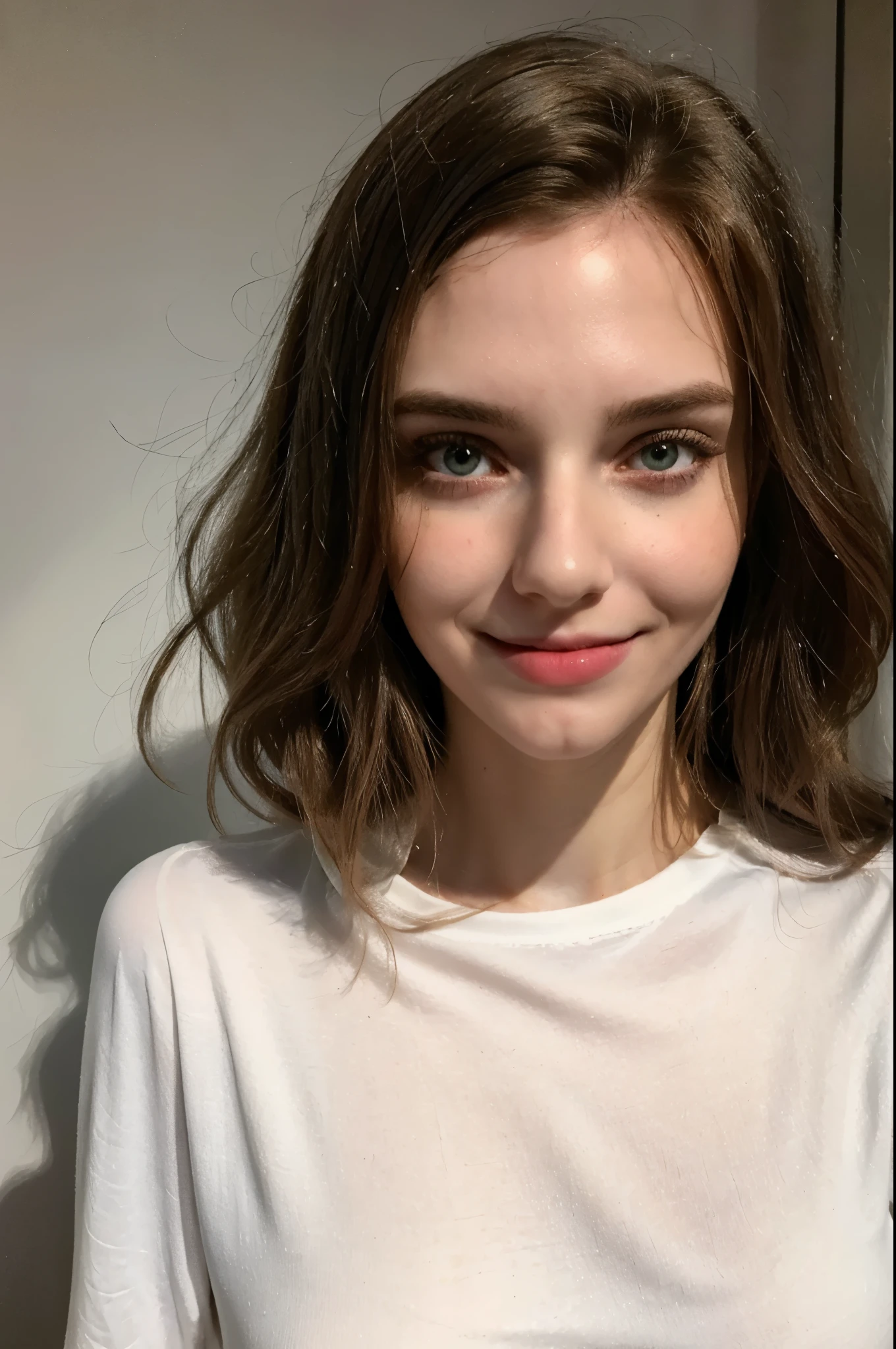masterpiece, best quality, photorealistic, selfie, model, ((a hyper-realistic portrait of a woman)), wavy hair, long sleeve Tshirt, very detailed faces, mysterious. smile