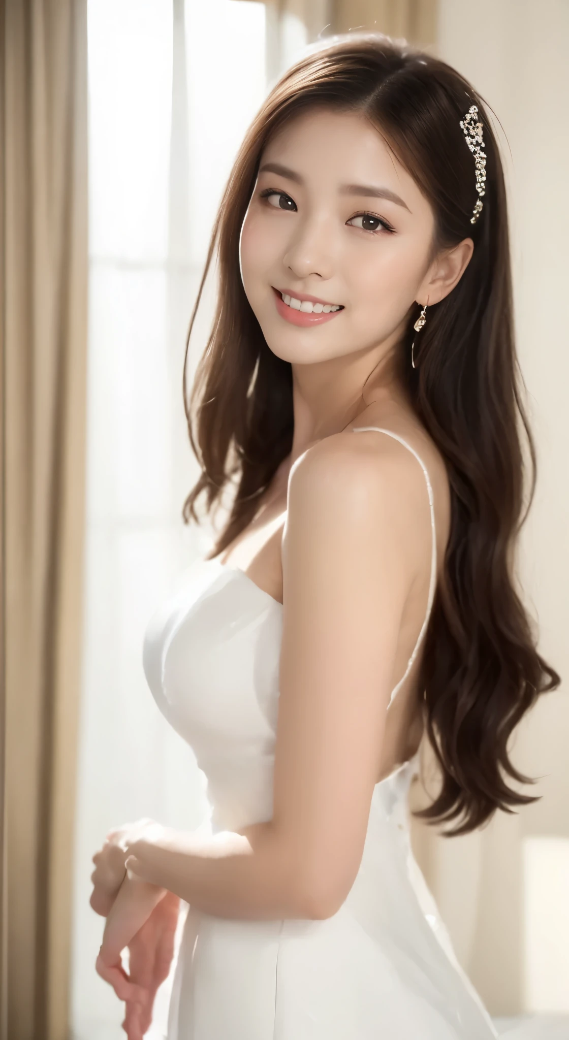 ((best image quality, 8K, master piece:1.3)), 1 girl, perfect body,big breasts:1.3、straight long hair、Beautiful woman:1.3, ( huge tit:1.2), Bando,shift dress:1.1, Extra-fine face, detailed eyes, double eyelid,smile,((white wedding dress)),Bedroom、From the back