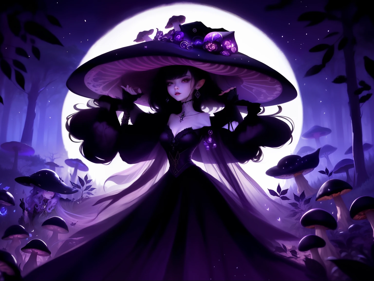 Wearing a skirt in the forest、Close-up of woman wearing hat, fashionable dark witch, Cute Anqiu Princess, witch fairytale, dark witch, Black mushrooms, witchcraft, Just a joke, dark witch character, fantasy art style, the witch queen, classical witch, ✨🕌🌙, beautiful female witch, 一个beautiful female witch, clever witch