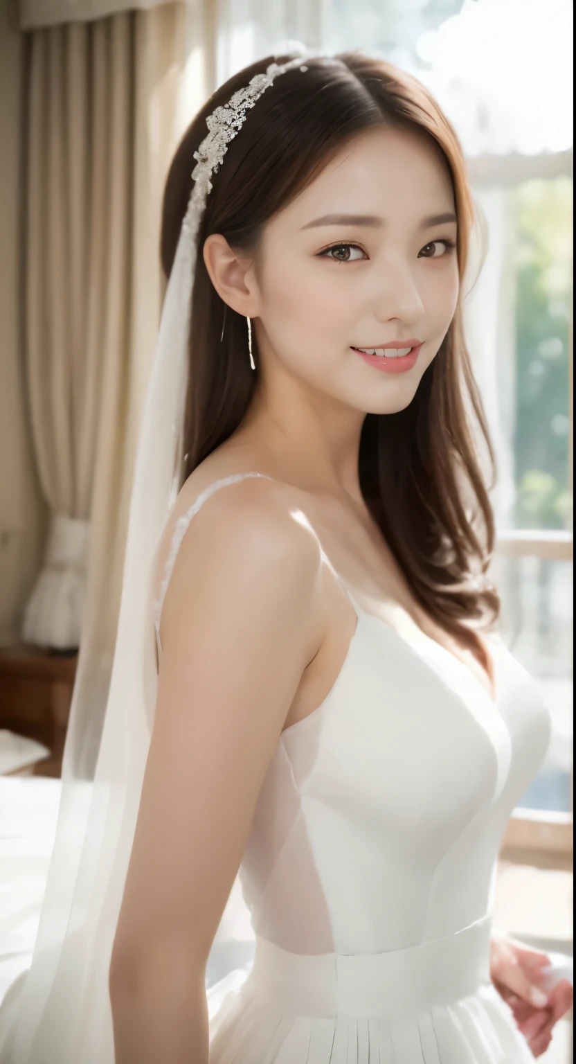 ((best image quality, 8K, master piece:1.3)), 1 girl, perfect body，big breasts:1.3、straight long hair、Beautiful woman:1.3, ( huge tit:1.2), Bando，shift dress:1.1, Extra-fine face, detailed eyes, double eyelid，smile，((white wedding dress))，Bedroom、From the back