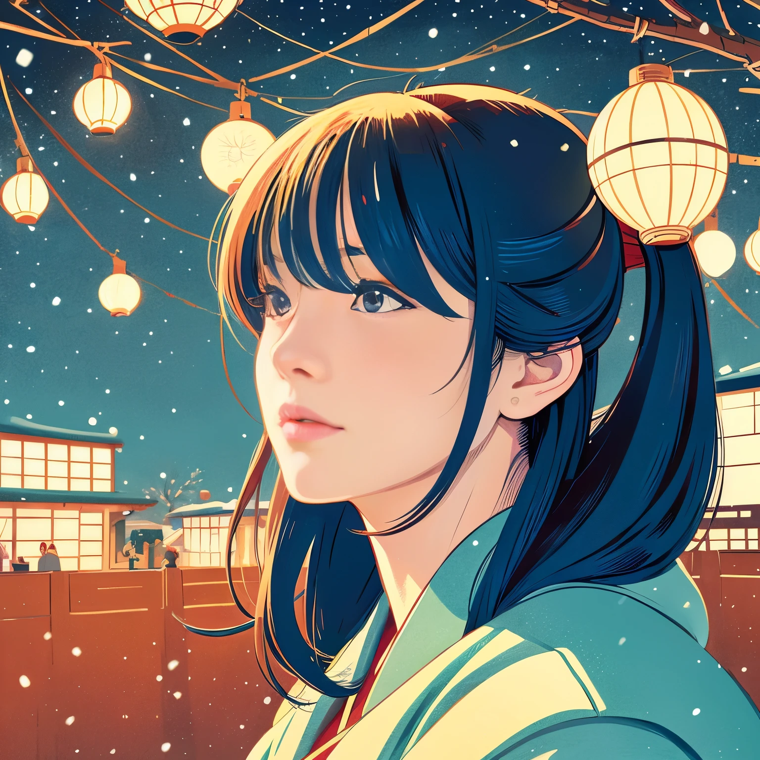 Illustration style、Ukiyo-e、昭和anime、anime、Woman facing this way、Japanese、Shinkai Makoto style、The season is winter、Tokyo at night、 (highest quality, super detailed, portrait, Natural light)