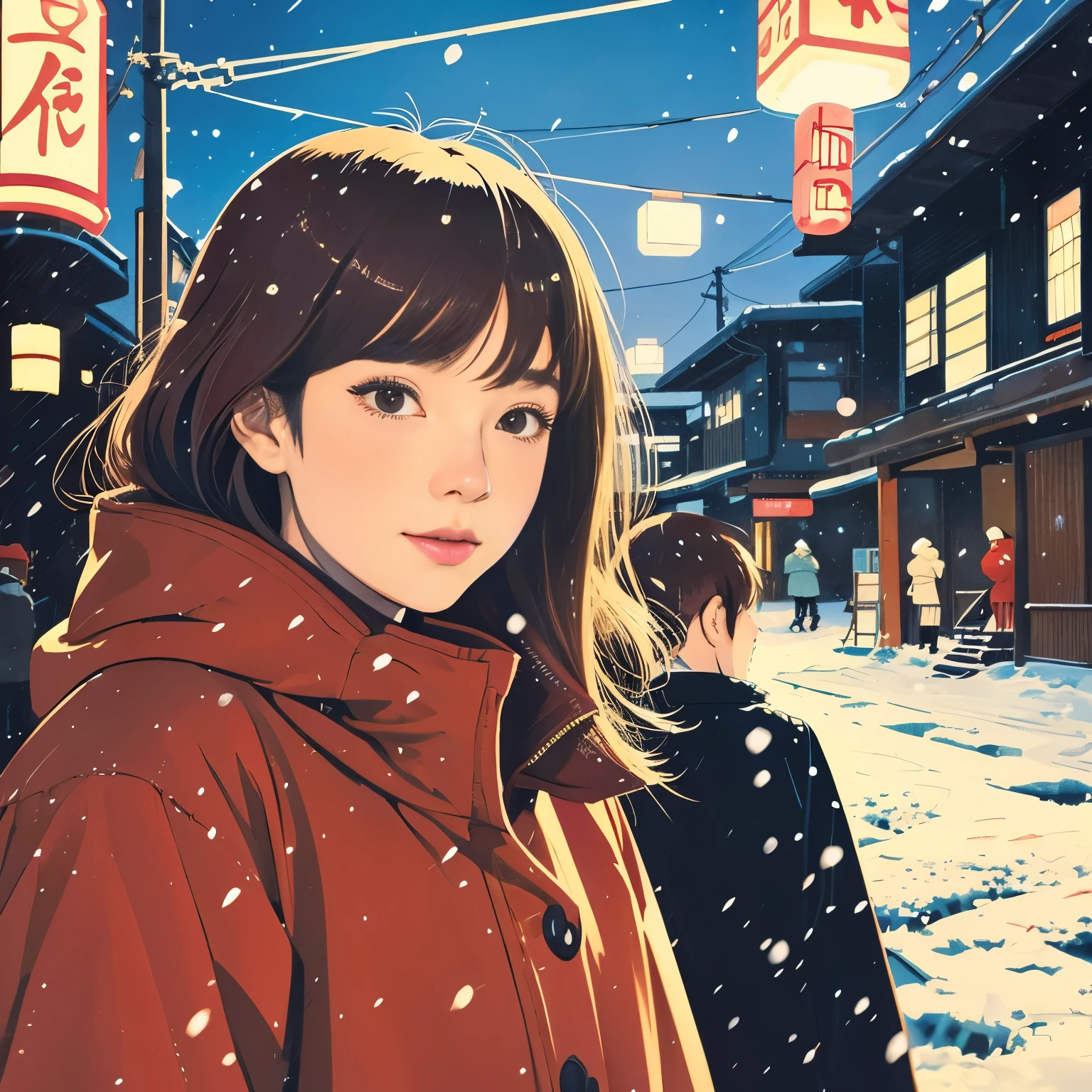 Illustration style、Ukiyo-e、昭和anime、anime、Woman facing this way、Japanese、Shinkai Makoto style、The season is winter、Tokyo at night、 (highest quality, super detailed, portrait, Natural light)