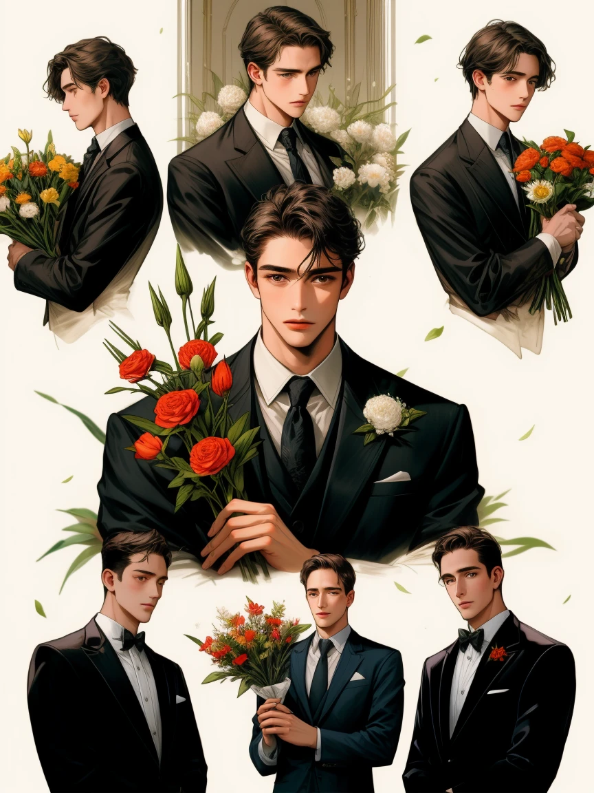 masterpiece, collage of man holding flowers,