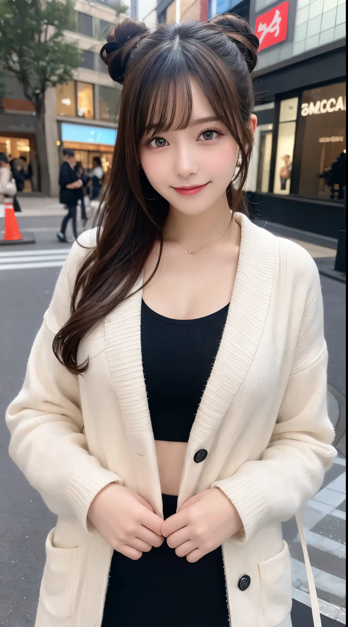 masutepiece, Best Quality, Illustration, Ultra-detailed, finely detail, hight resolution, 8K Wallpaper, Perfect dynamic composition, Beautiful detailed eyes, Trendy Women's Fashion Winter Clothes,Bun hair,Small breasts natural color lip, sexypose,Smile,Harajuku、20 years girl、Cute、is looking at the camera