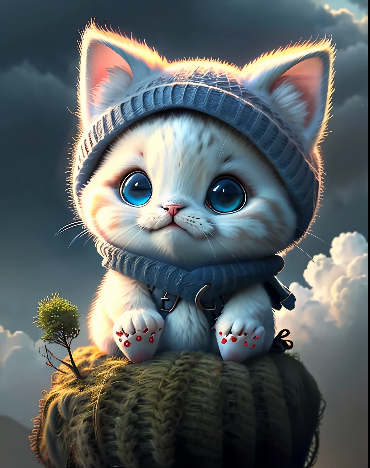 Painting of a cat wearing a hat and scarf sitting on a rock - SeaArt AI