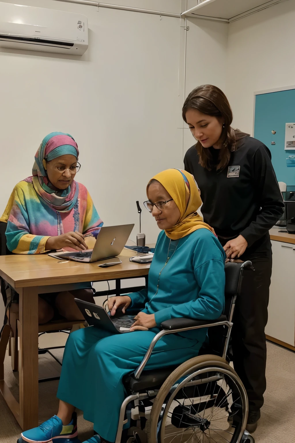 create a 4k photography picture showing team mates seating in a sofa at work space. the room is bright ligth, and the coffe table has some laptops, papers and coffee mugs. Team members represent a diverse team. one in wheel chair, an old lady, someone with a religious background, a women of color, an man with colorfull clothes