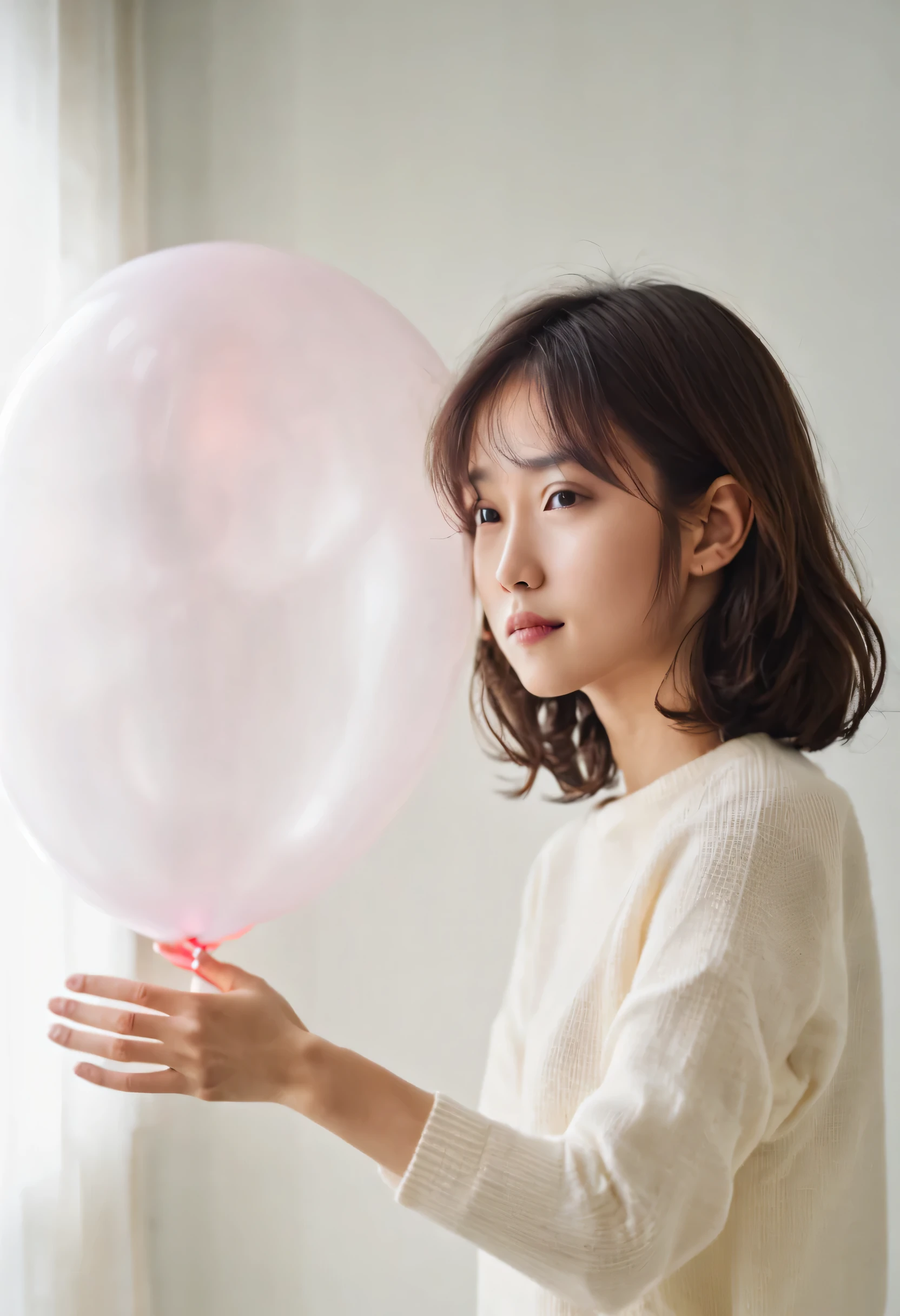 japanese woman, (close:2), (Natural light),wavy hair, amount, (dark brown eyes),(From the side), (white sweater),(dynamic posing) (see-through curtains, bright room),((baloons,inflate))